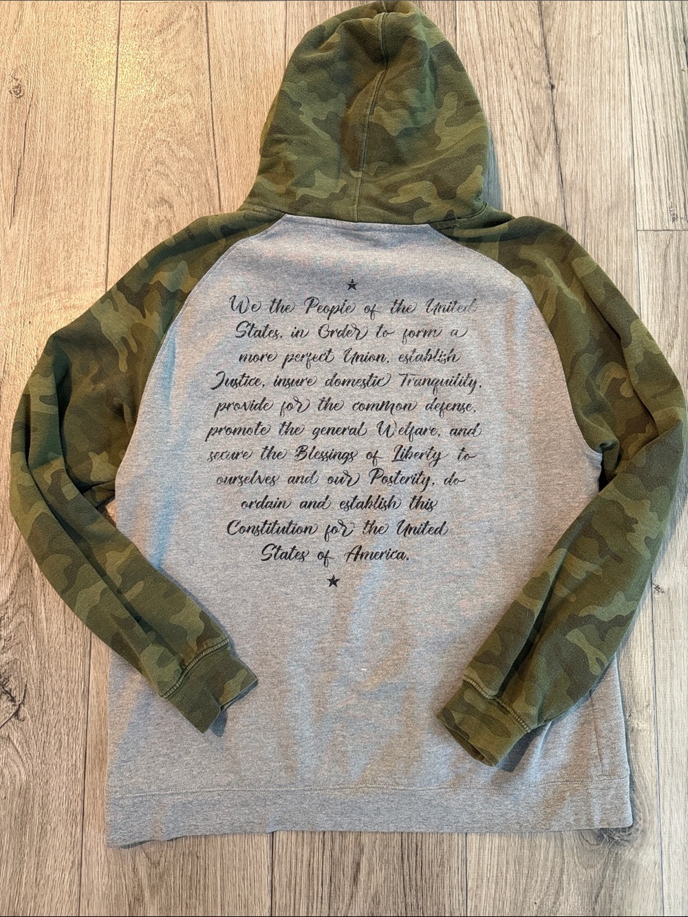 Camo Sleeve Gray Hooded Raglan Shirt with Constitution Script